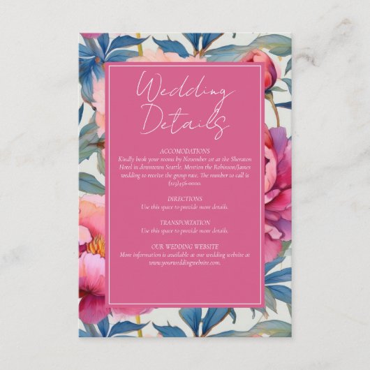 桃とピンクの牡丹結婚の花 エンクロージャーカード (正面)