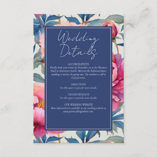 桃とピンクの牡丹結婚の花 エンクロージャーカード (正面)