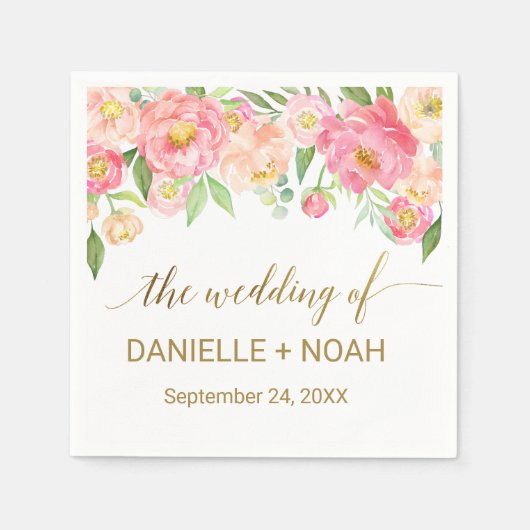 桃とピンクの牡丹結婚の花 スタンダードカクテルナプキン (正面)