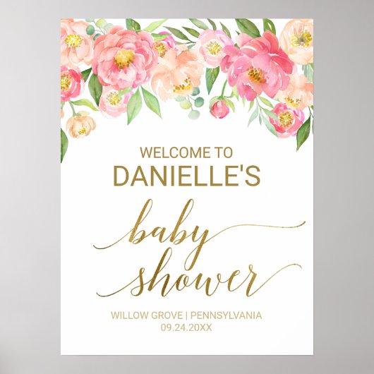 桃とピンクの牡丹18x24インチベビーシャワーへようこそ ポスター (正面)