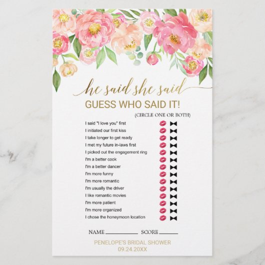 桃とピンクの牡丹"彼は彼女が言った"ゲーム (正面)