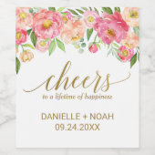 桃とピンクの牡丹「応援」結婚のワインラベル ワインラベル (シングルラベル)