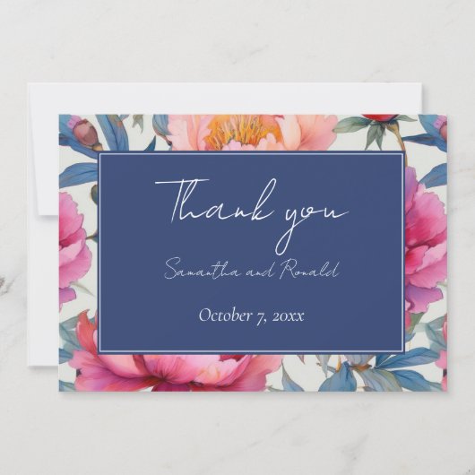 桃とピンクの芍薬の花のウェディングサンキューレター サンキューカード (正面)
