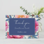 桃とピンクの芍薬の花のウェディングサンキューレター サンキューカード (スタンド正面)