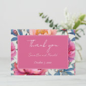 桃とピンクの芍薬の花のウェディングサンキューレター サンキューカード (スタンド正面)