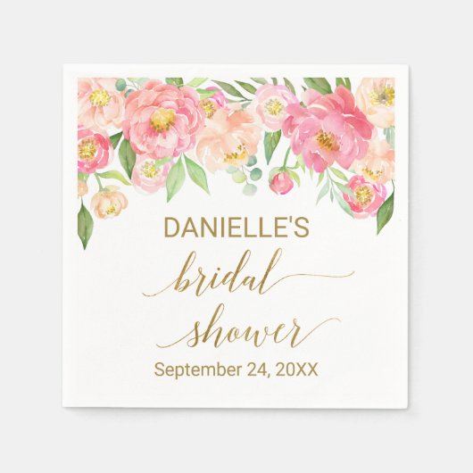 桃とピンクの芍薬の花 ブライダルシャワー スタンダードカクテルナプキン (正面)