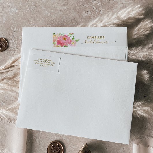 桃とピンクの芍薬の花 ブライダルシャワー ラップアラウンドラベル