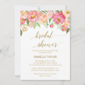桃とピンクの芍薬の花 ブライダルシャワー 招待状 (正面)