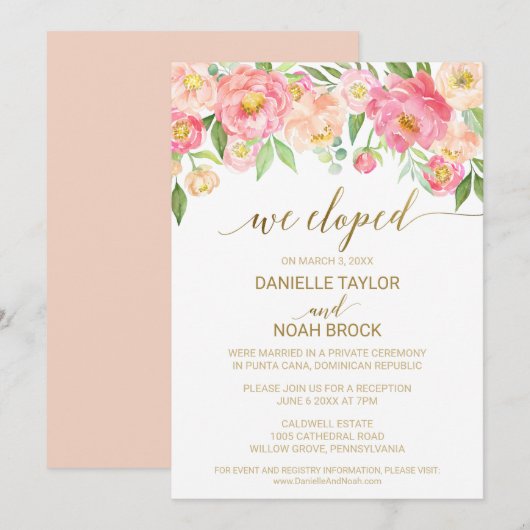 桃とピンクの芍薬の花　駆け落ち　披露宴 招待状 (正面/裏面)