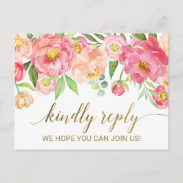桃とピンクの芍薬の花 RSVP インビテーションポストカード