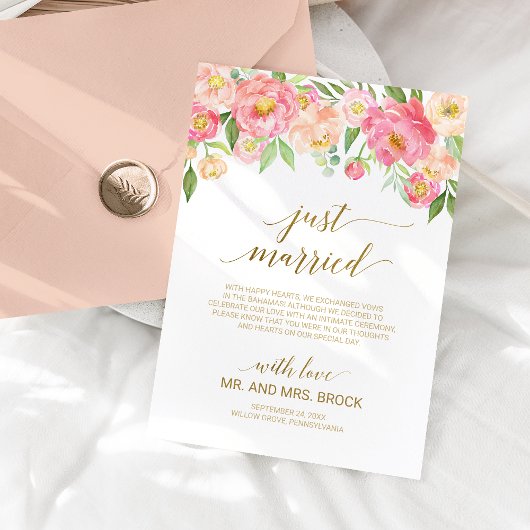 桃とピンク牡丹の花たった今結婚しました結婚 案内状