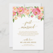 桃とピンク牡丹の花たった今結婚しました結婚 案内状 (正面)