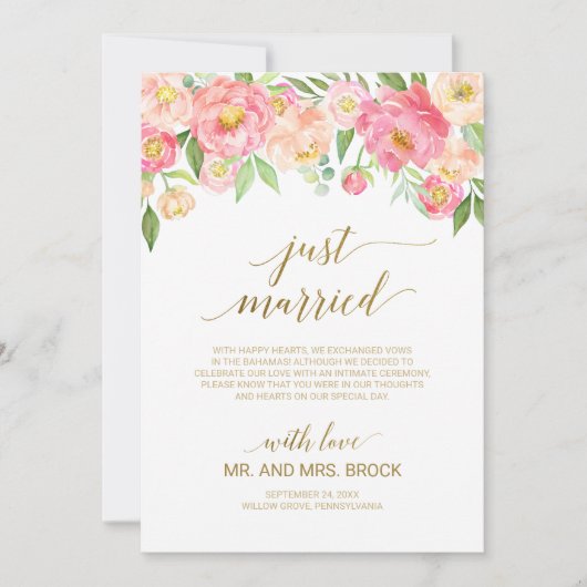 桃とピンク牡丹の花たった今結婚しました結婚 案内状 (正面)