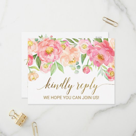 桃とピンク牡丹の花のメニュー選択RSVP インビテーションポストカード (正面/裏面インサイチュ)