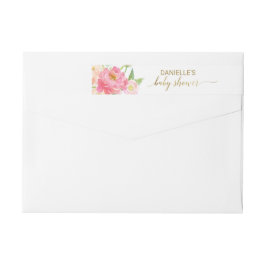 桃とピンク牡丹の花ベビーシャワー ラップアラウンドラベル