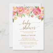 桃とピンク牡丹の花ベビーシャワー 招待状 (正面)