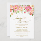 桃とピンク牡丹の花ランジェリーシャワー 招待状 (正面)