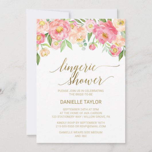 桃とピンク牡丹の花ランジェリーシャワー 招待状 (正面)