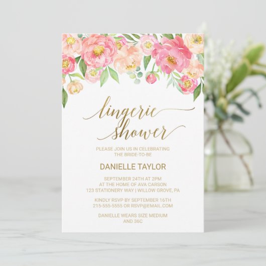 桃とピンク牡丹の花ランジェリーシャワー 招待状 (スタンド正面)