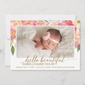 桃とピンク牡丹の花写真誕生のお知らせ 案内状 (正面)