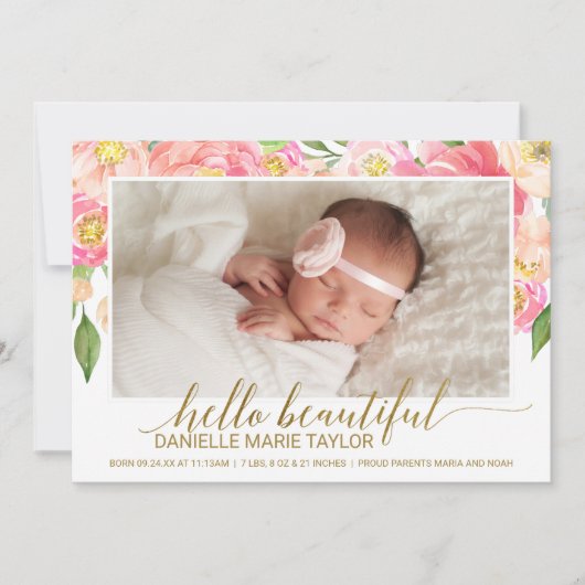 桃とピンク牡丹の花写真誕生のお知らせ 案内状 (正面)