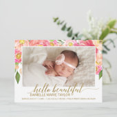 桃とピンク牡丹の花写真誕生のお知らせ 案内状 (スタンド正面)