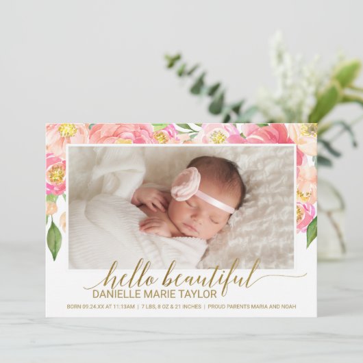 桃とピンク牡丹の花写真誕生のお知らせ 案内状 (スタンド正面)