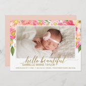 桃とピンク牡丹の花写真誕生のお知らせ 案内状 (正面/裏面)