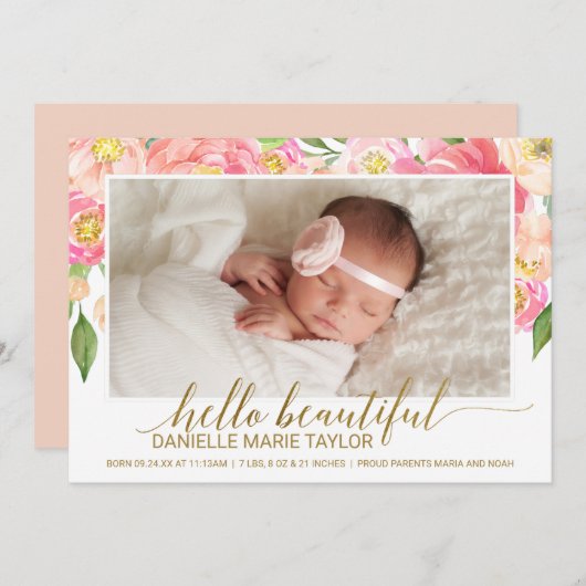 桃とピンク牡丹の花写真誕生のお知らせ 案内状 (正面/裏面)