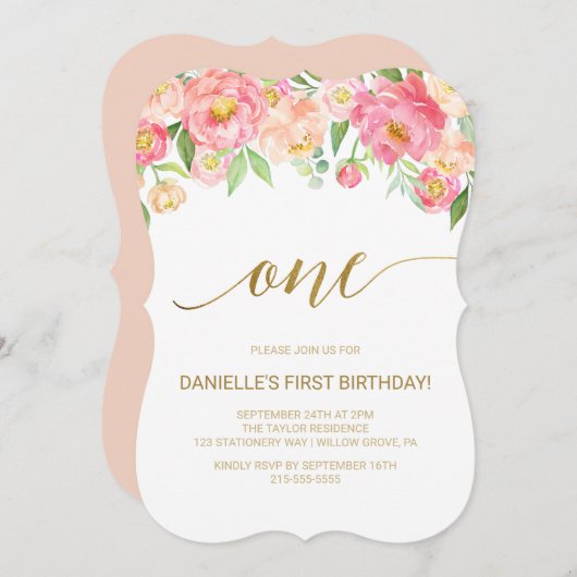 桃とピンク牡丹の花生誕生会 招待状 (正面/裏面)