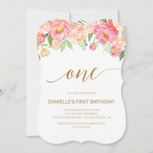桃とピンク牡丹の花生誕生会 招待状 (正面)