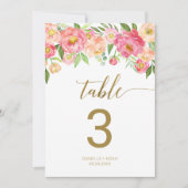 桃とピンク牡丹の花5 x 7"テーブル番号 招待状 (正面)