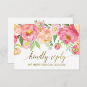 桃とピンク牡丹の花RSVPカード 招待状 (正面/裏面)