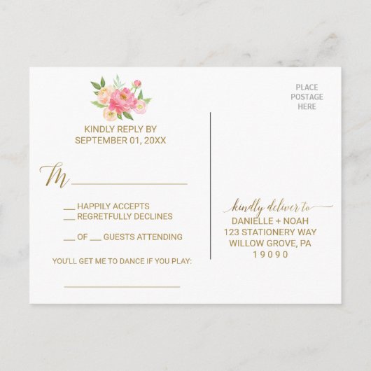 桃とピンク牡丹フラワーズソングリクエストRSVP インビテーションポストカード (裏面)