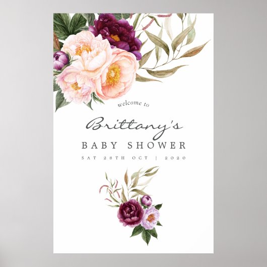 桃とブルゴーニュのフローラベビーシャワーウェルカム ポスター (正面)