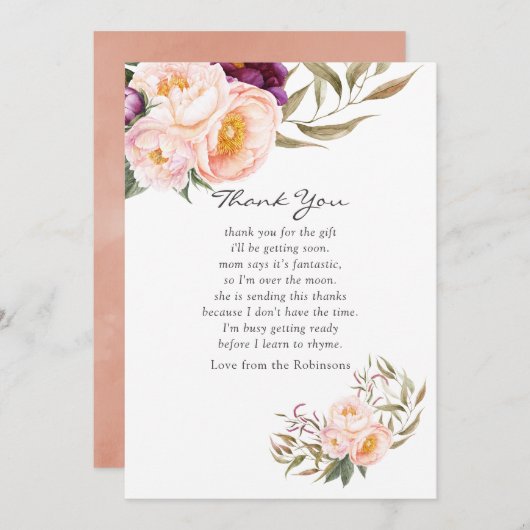 桃とブルゴーニュのフローラ赤ちゃんシャワーありがとう サンキューカード (正面/裏面)