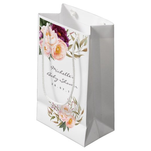 桃とブルゴーニュのフローラ赤ちゃんシャワーありがとう スモールペーパーバッグ (正面アングル)