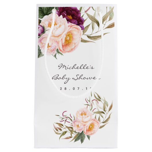 桃とブルゴーニュのフローラ赤ちゃんシャワーありがとう スモールペーパーバッグ (正面)