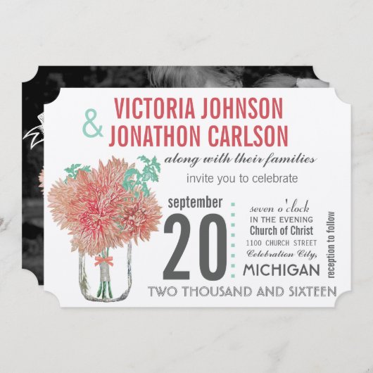 桃とミント菊のメイスンジャー結婚ズ 招待状 (正面/裏面)