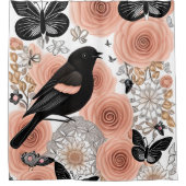 桃と木炭の花、ロビンと蝶 シャワーカーテン (正面)