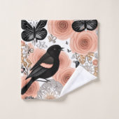 桃と木炭の花、ロビンと蝶 バスタオルセット (ウォッシュタオル)