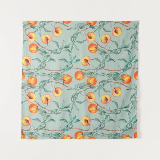 桃と枝の継ぎ目のない水彩模様 タペストリー (正面(横))