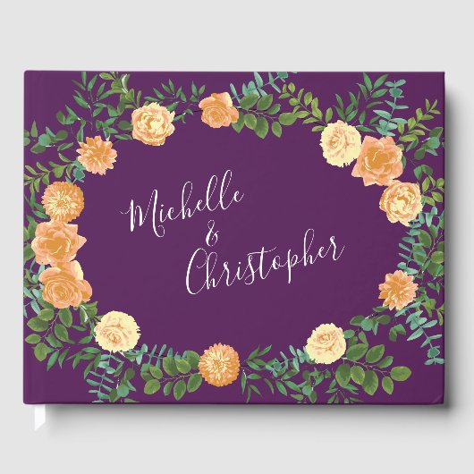 桃と梅の紫色の芍薬とバラの花の結婚式 ゲストブック (正面)