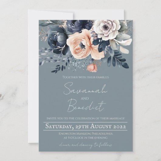 桃と海軍の水色フローラ付き埃っぽいブルー 招待状 (正面)