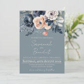 桃と海軍の水色フローラ付き埃っぽいブルー 招待状 (スタンド正面)