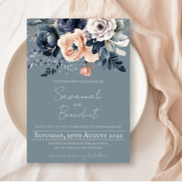 桃と海軍の水色フローラ付き埃っぽいブルー 招待状