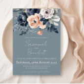 桃と海軍の水色フローラ付き埃っぽいブルー 招待状