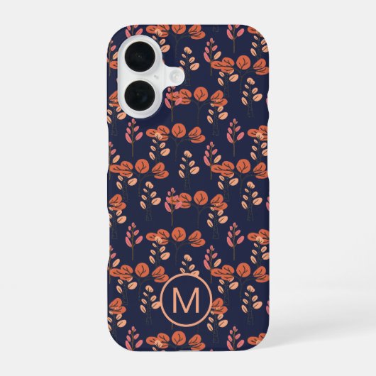 桃と海軍の花モダン柄モノグラム iPhone 16ケース (裏面)