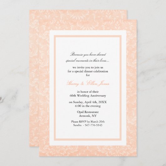 桃と白のダマスク結婚記念日招待状 招待状 (正面/裏面)