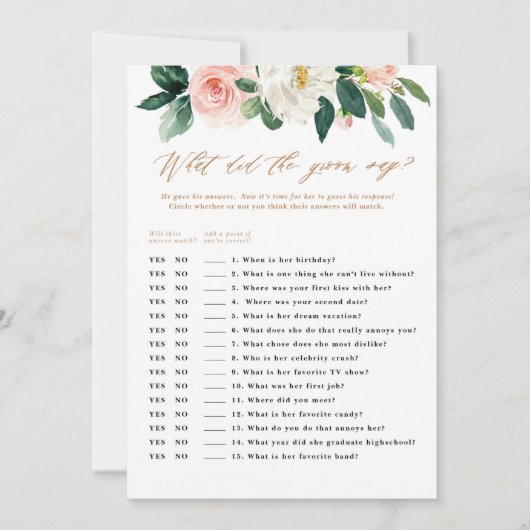 桃と白のフローラの新郎がゲームを言う 招待状 (正面)